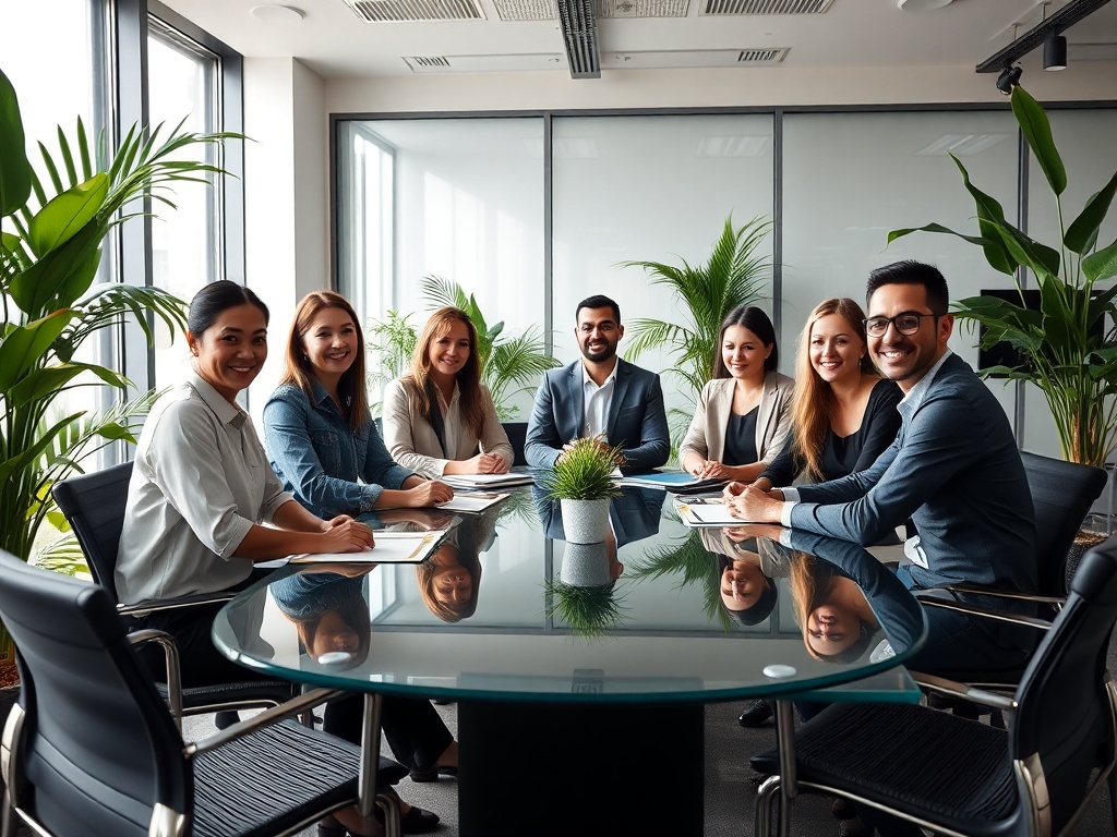 Diverse team of five professionals gathered around a glass table in a modern boardroom with green plants, natural light from large windows, collaborative atmosphere, 8k photorealistic, commercial photography style