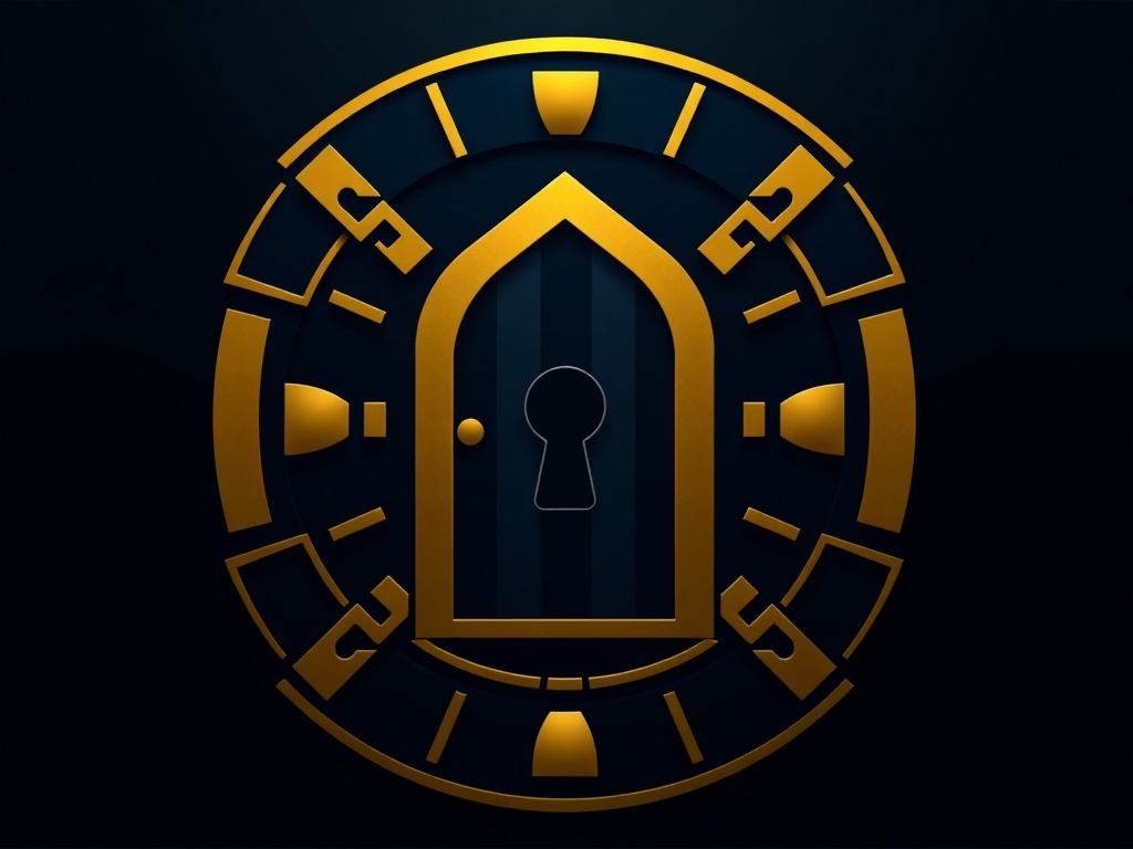 Abstract geometric logo mark: a stylized ancient vault door with keyhole, formed from smooth golden lines, dark blue background, 8k photorealistic, emblem style
